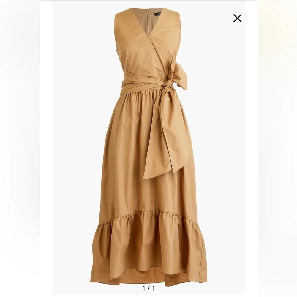 J. Crew Faux Wrap Cotton Poplin Dress In Camel - Picture 5 of 11